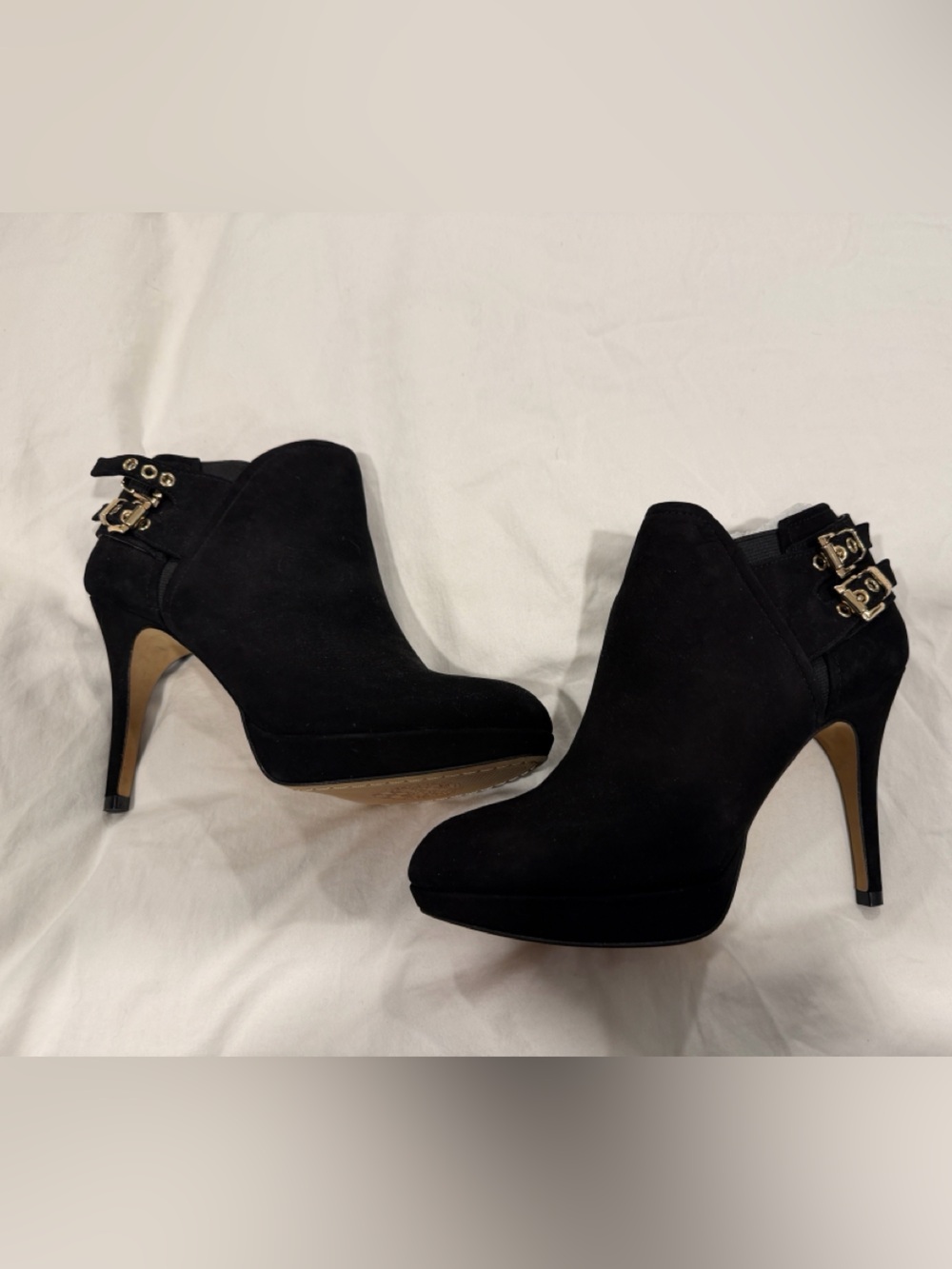 Vince Camuto Elaina Black Suede High Heel Ankle Boot with Gold Buckle Detail